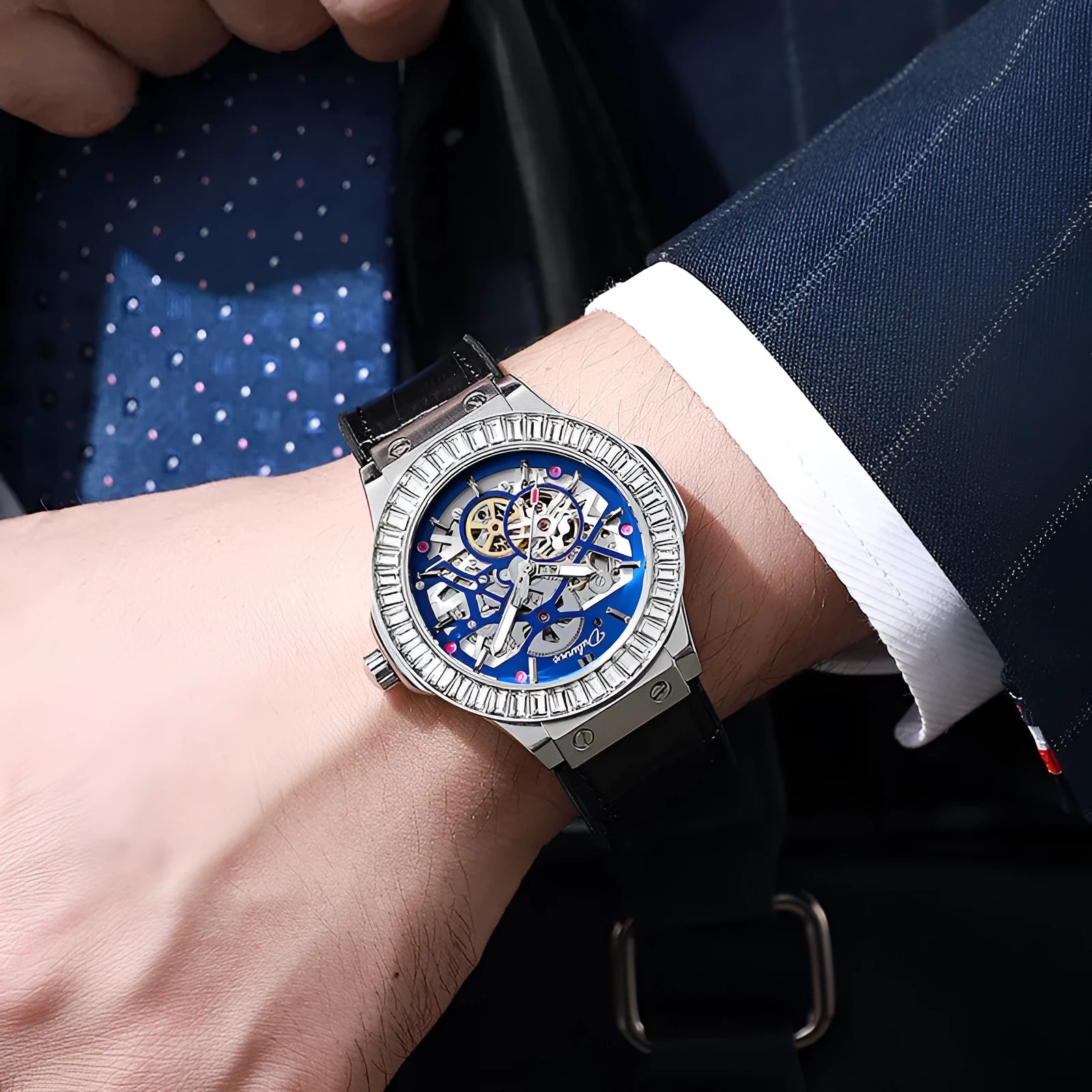 Automatic men's watch with diamond studded hollow dial and stainless steel case in business style