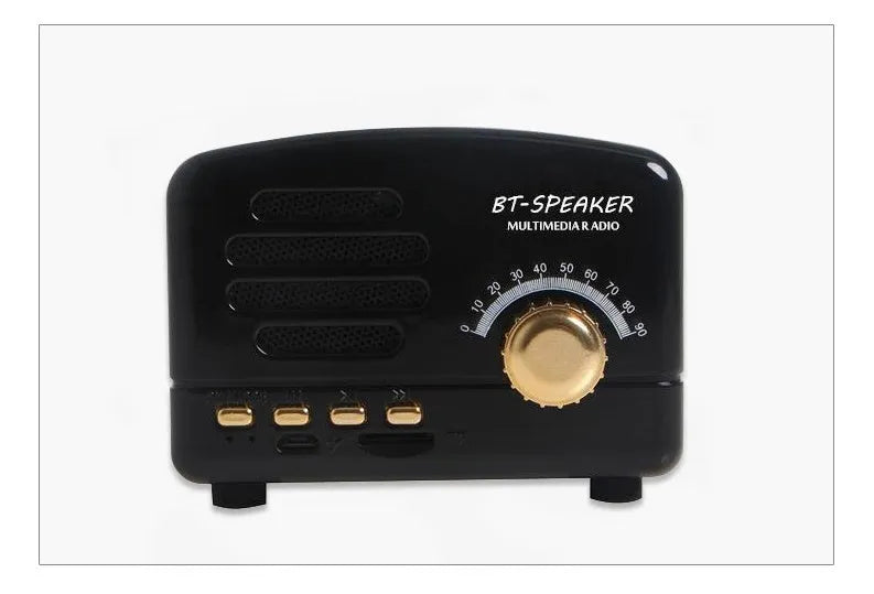 Vintage wood Bluetooth speaker in pink, black, and wood grain colours showing compact 93x70x59mm dimensions