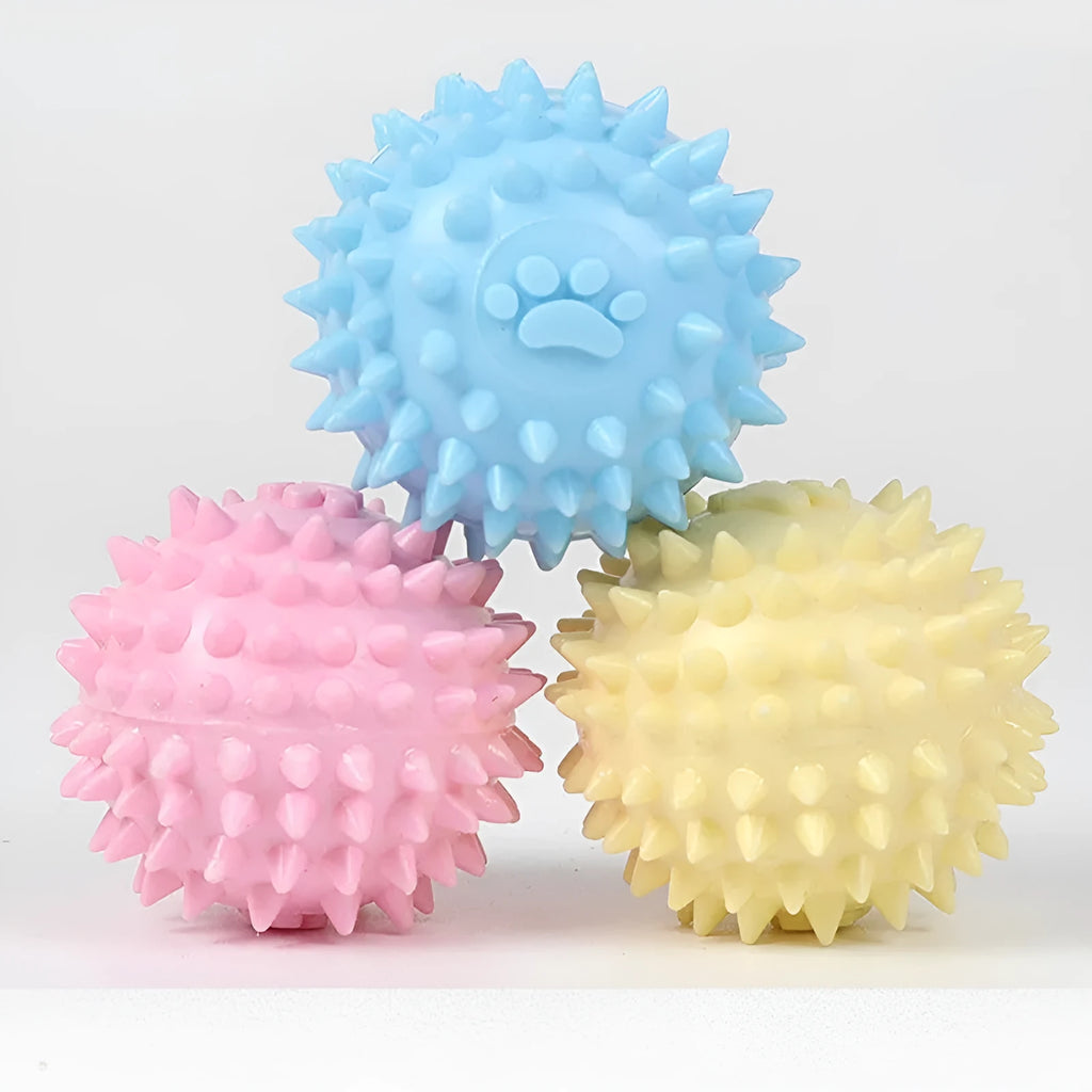 Blue TPR dog chewing toy footprint ball for tooth cleaning, 6cm diameter.
