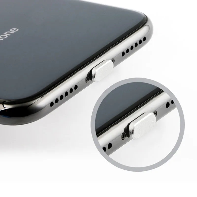 Aluminium alloy charging port dust plug for iPhone in various colours including gold, silver, blue, and rose gold.