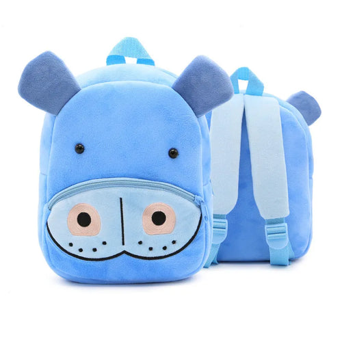 Soft plush children's backpack in cartoon animal design, shown with zipper open, dimensions 26cm by 24cm.