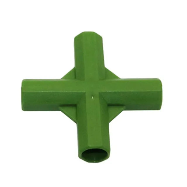 PP plastic three-way and four-way plant support connector joints for 11mm garden poles.