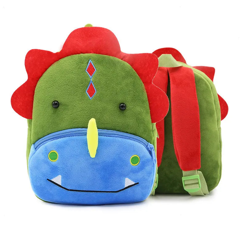 Soft plush children's backpack in cartoon animal design, shown with zipper open, dimensions 26cm by 24cm.