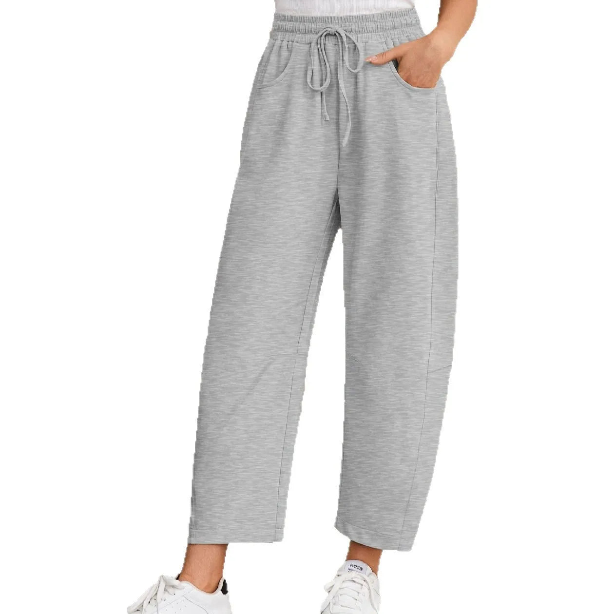 Loose cropped cotton sweatpants with elastic drawstring waist and side pockets in multiple colour options