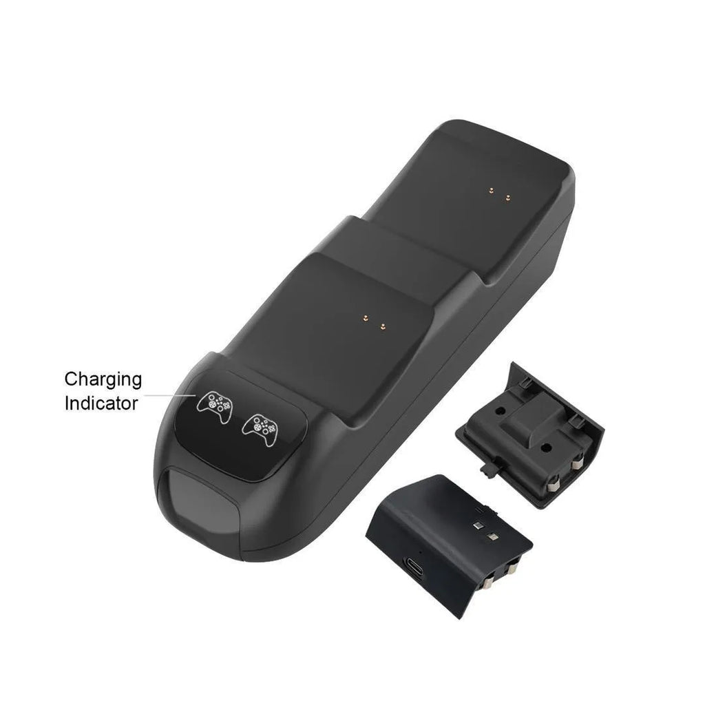 Black Xbox Series X dual controller charging station with LED indicators and two battery packs