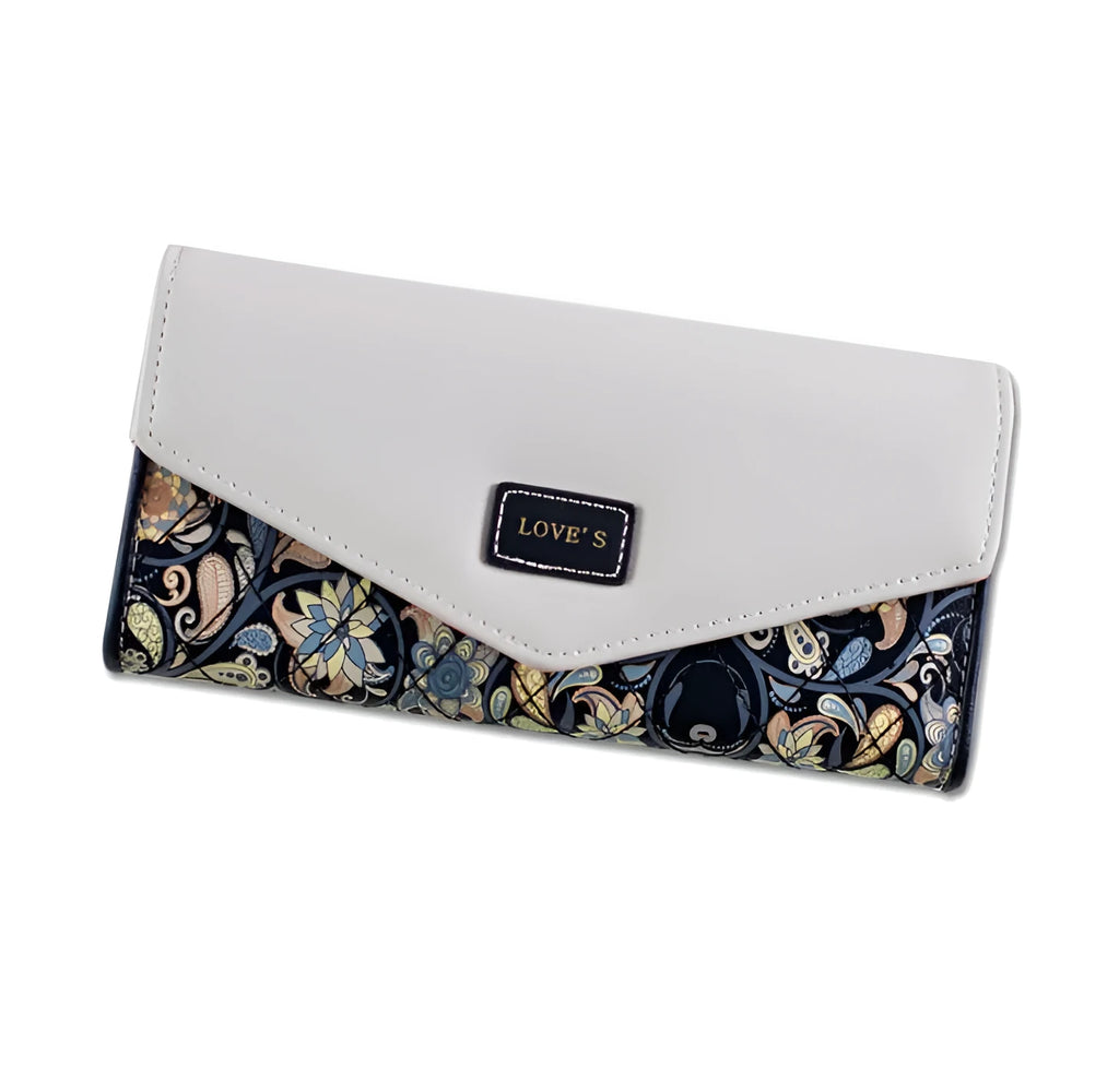 Tri-fold student wallet with buckle closure in multiple colour options showing dimensions