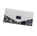 Tri-fold student wallet with buckle closure in multiple colour options showing dimensions