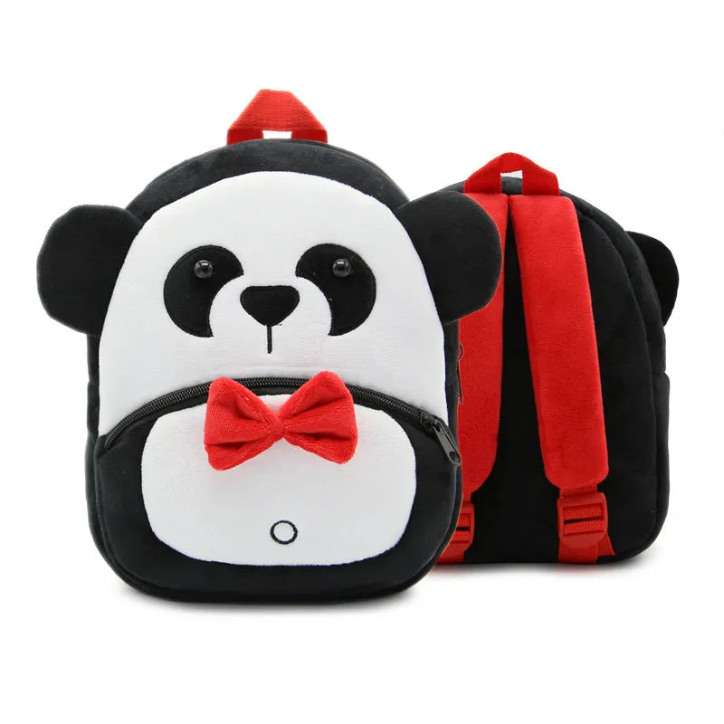Soft plush children's backpack in cartoon animal design, shown with zipper open, dimensions 26cm by 24cm.