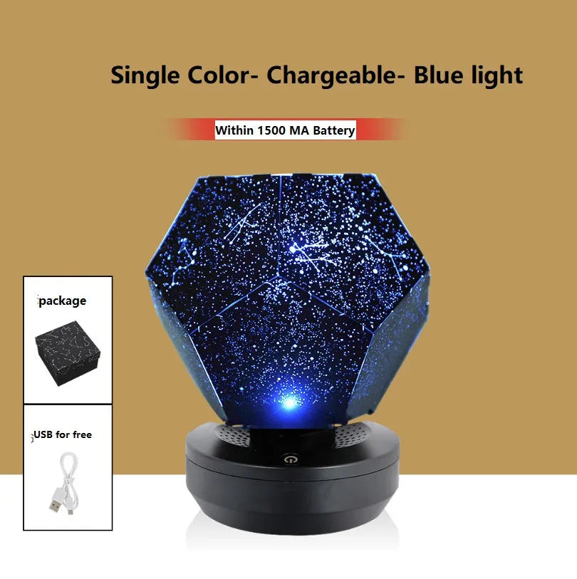 LED star projector night light showing constellation projection on a bedroom ceiling
