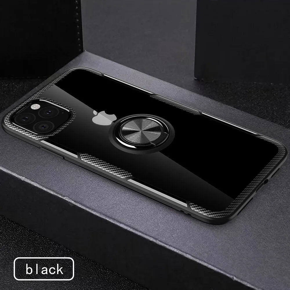 Black iPhone back cover case with a flexible, bendable holder arm extended from the back.