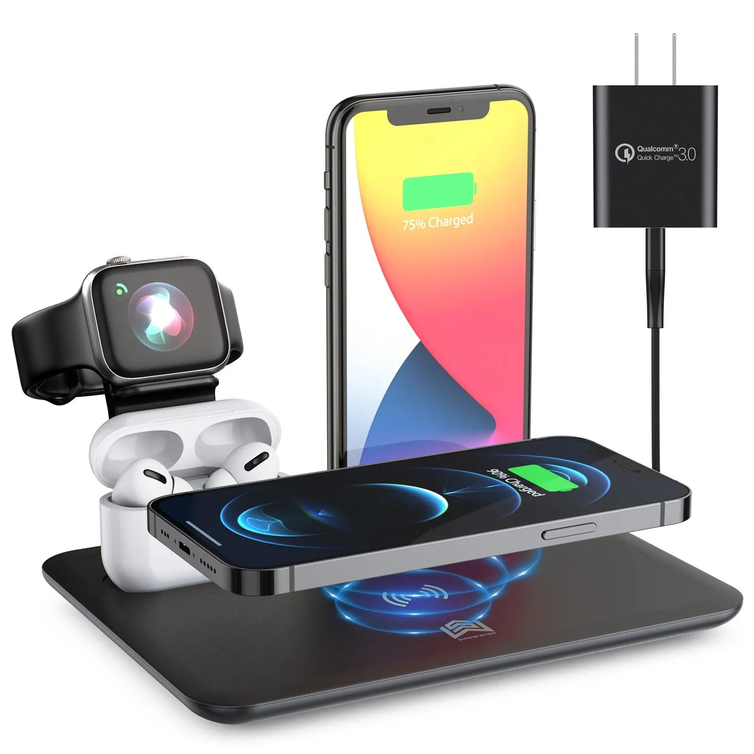 Black and white wireless charging station for phone, smartwatch, and headphones on a desk.