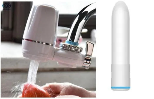 White plastic faucet-mounted water filter with ceramic cartridge and tap adapters