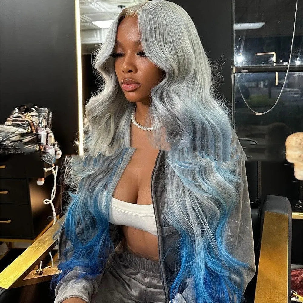 Grey blue gradient colour human hair lace front wig in Rui Li style on a mannequin head