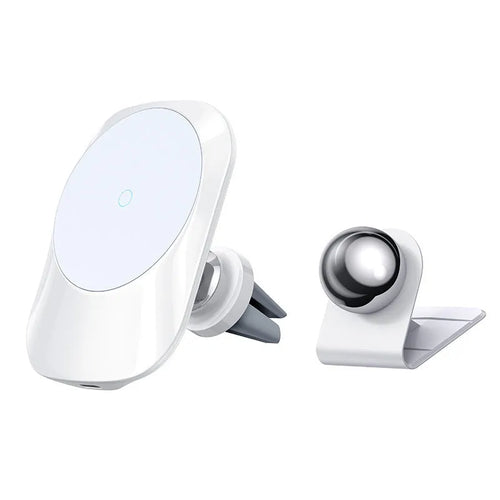 Black magnetic car wireless charging stand mounted on car dashboard with smartphone attached