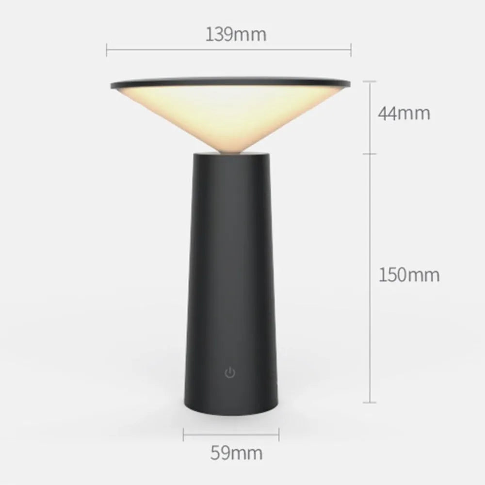 Black or white USB rechargeable LED desk lamp with a touch-sensitive base and a tilting lamp head.