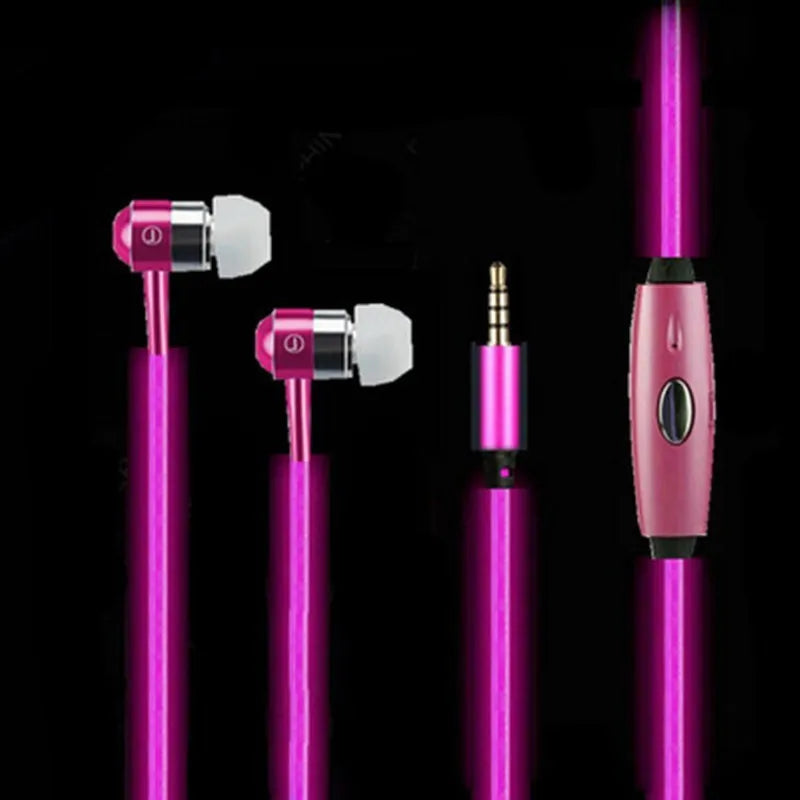 Compatible LED earphone with aluminum shell and music rhythm light in blue green or pink colors