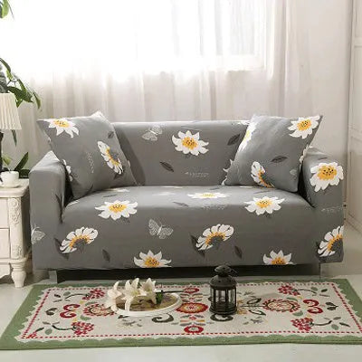 Printed stretch sofa cover with geometric pattern on three-seater sofa
