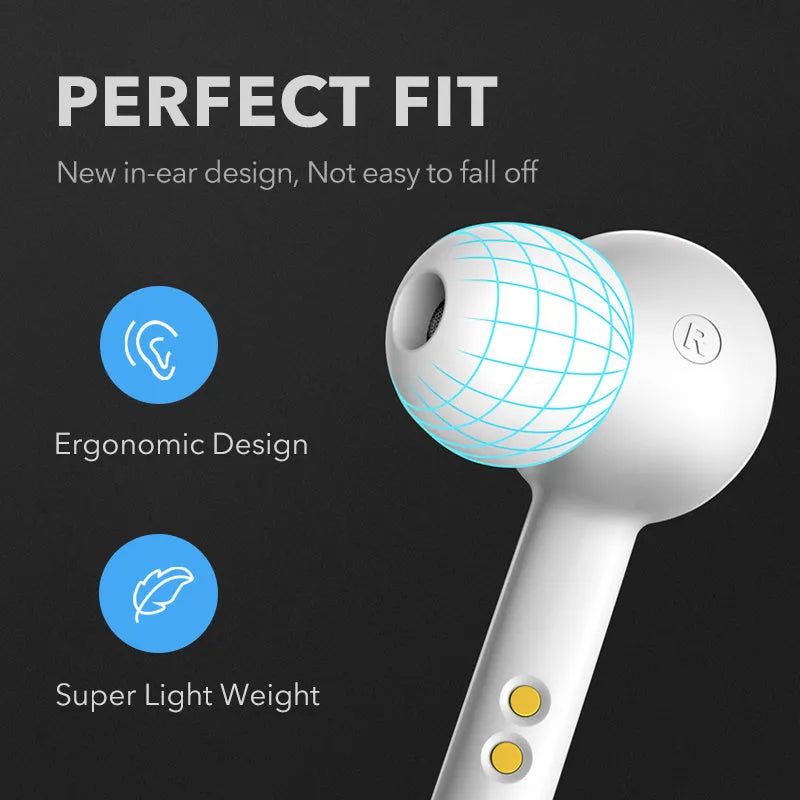 Black and white true wireless Bluetooth 5.0 earbuds with IPX5 waterproof rating.