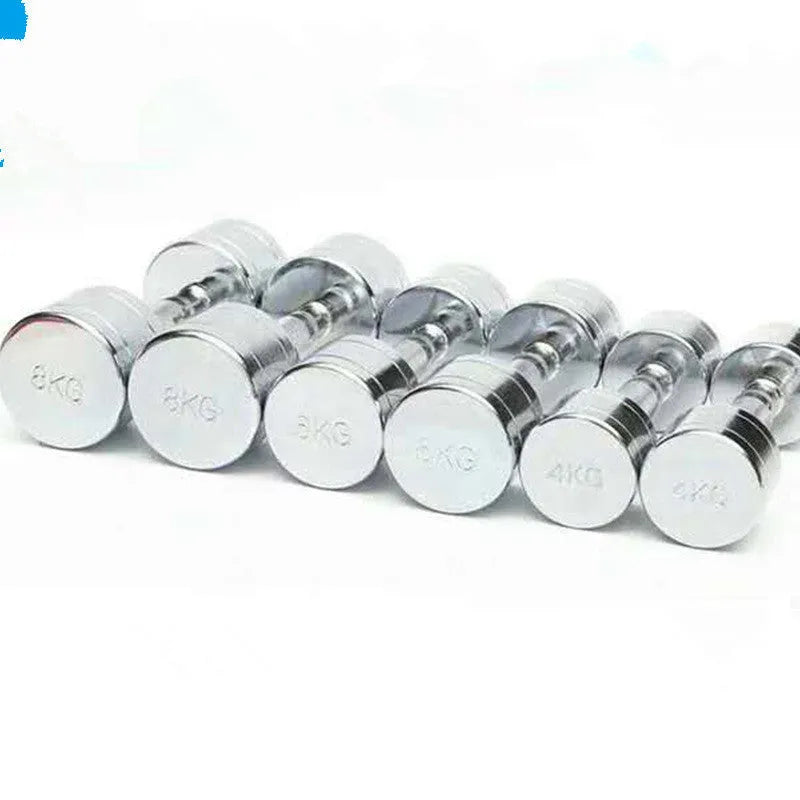 Silver pure steel dumbbell with hexagonal grip on a grey background.