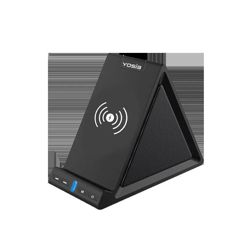 Black multifunctional Bluetooth speaker with integrated mobile phone stand and wireless charging area