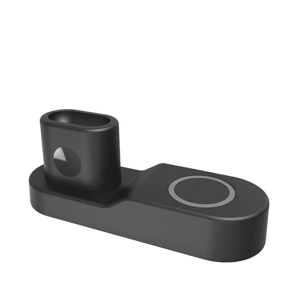 Black and white W3 three-in-one wireless charging station for Apple iPhone, Watch and AirPods on a table.