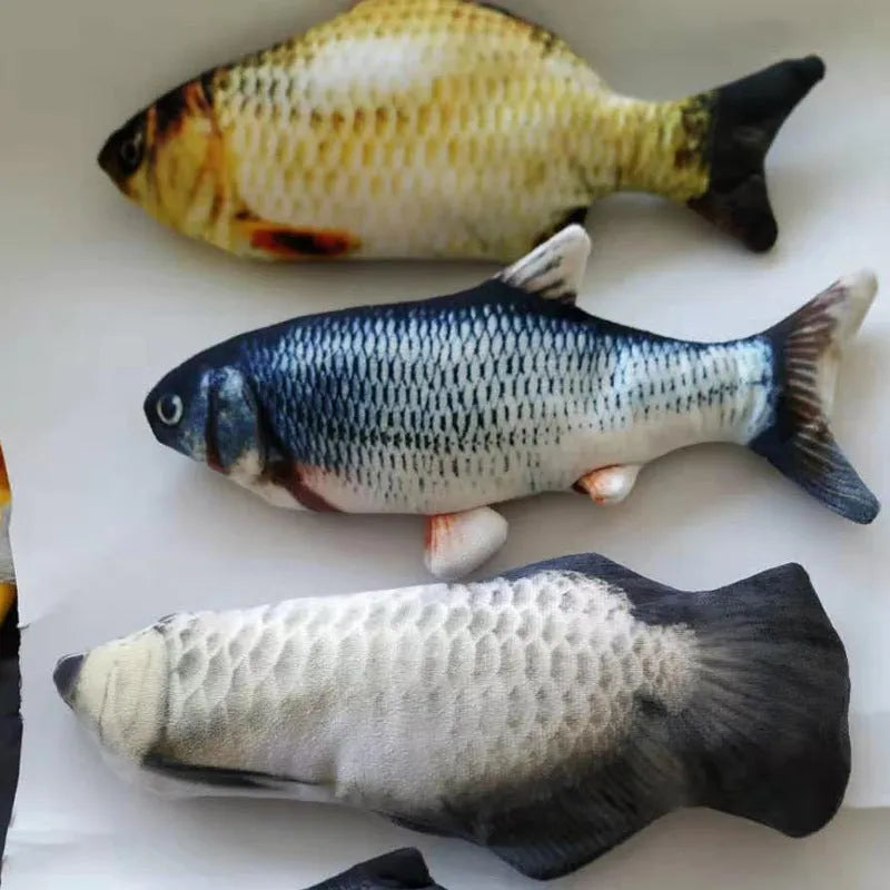 Electric jumping fish simulation cat toy showing multicolor options and USB charging cable.