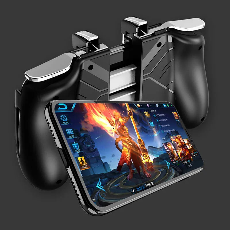 Adjustable mobile game handle for smartphones in black colour with ergonomic grip and control buttons