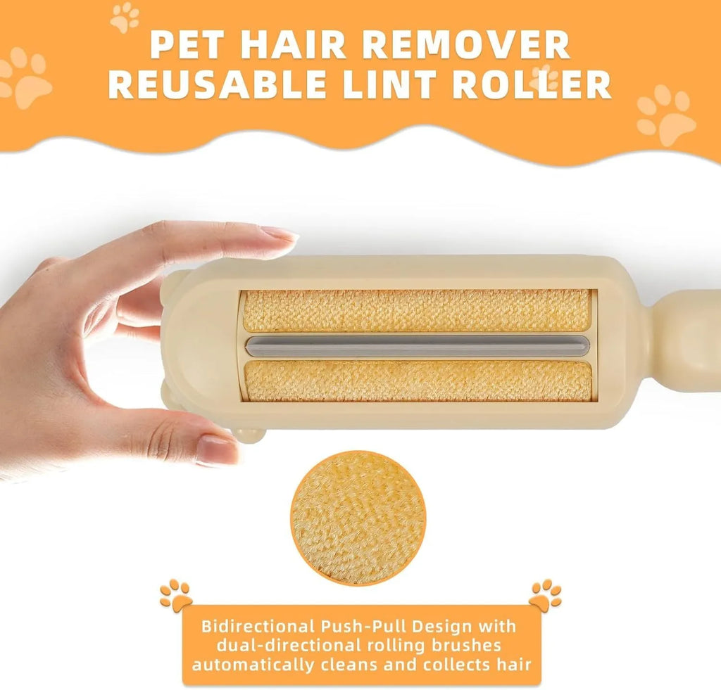 Blue pet hair remover roller with a self-cleaning base for furniture and cars.