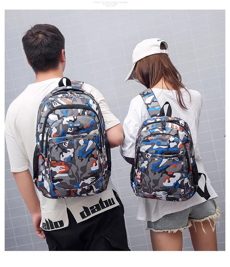 Lightweight teen backpack in blue with sponge-padded shoulder straps and side zipper pockets.