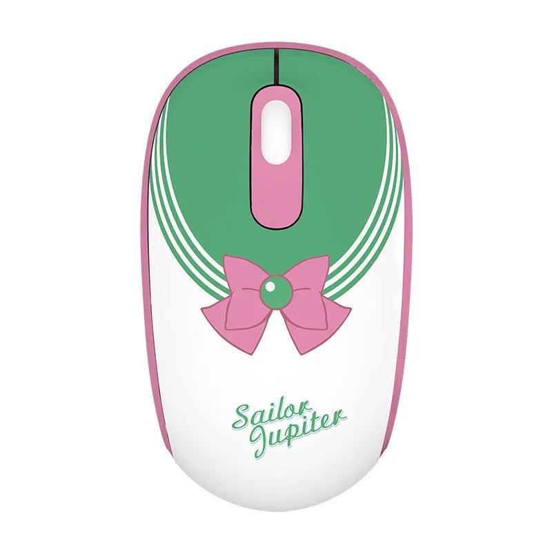 Pink Sailor Moon wireless mouse with USB receiver showing character graphics and three-button design