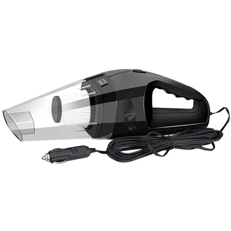 Orange, black, and blue portable handheld 12V car vacuum cleaner with nozzle attachments.