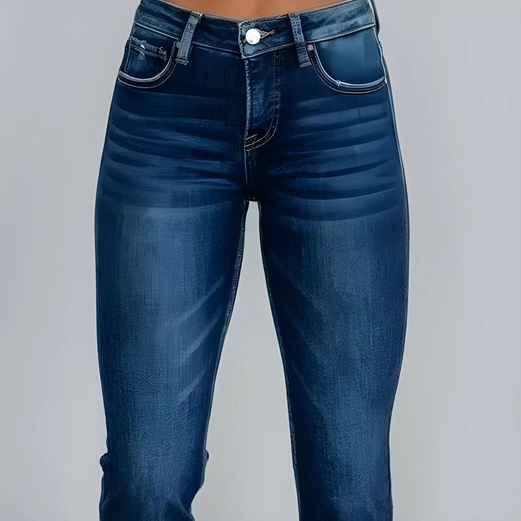 Women's solid colour denim jeans with hand-sanded distressing in dark blue and light blue colour options