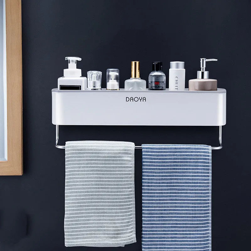 Plastic bathroom wall shelf with hole-free installation on a polished wall