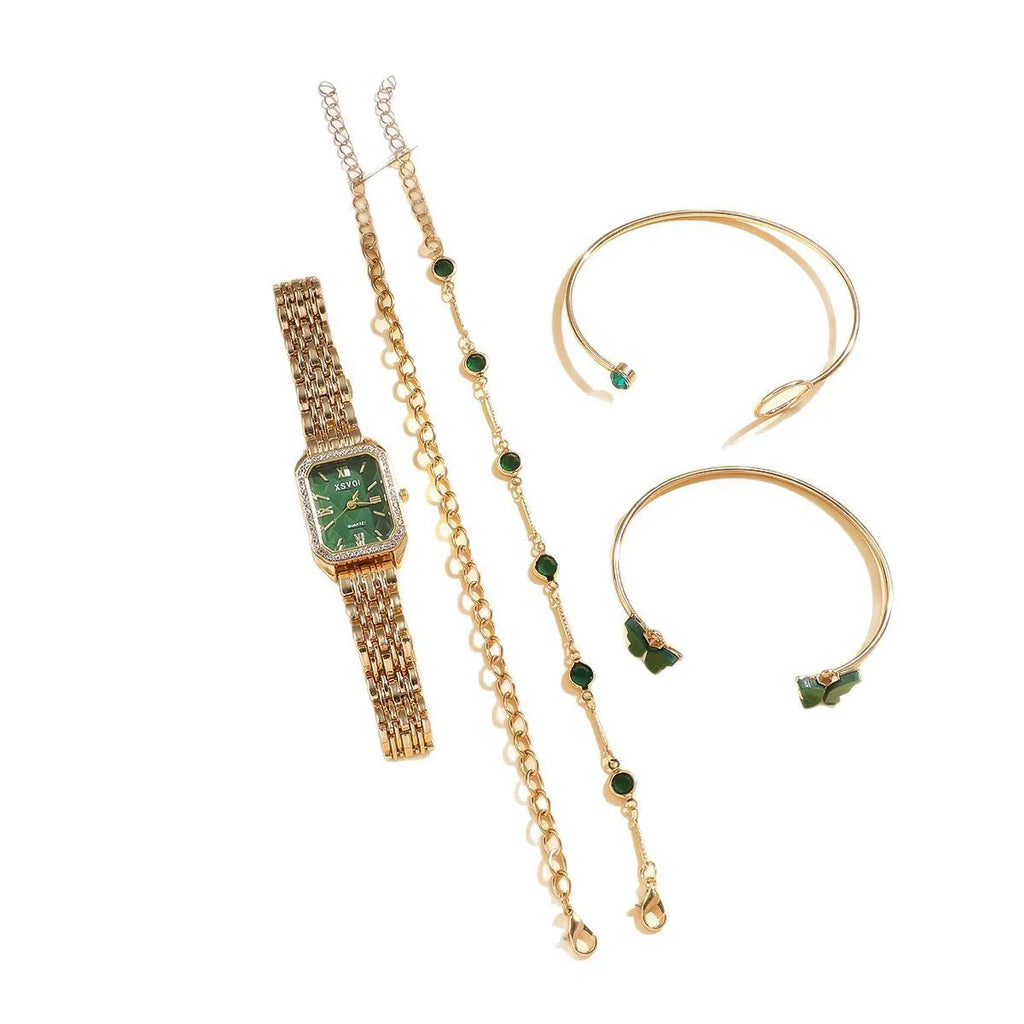 Gold green square women's watch with four matching bracelets, alloy case and jewellery buckle