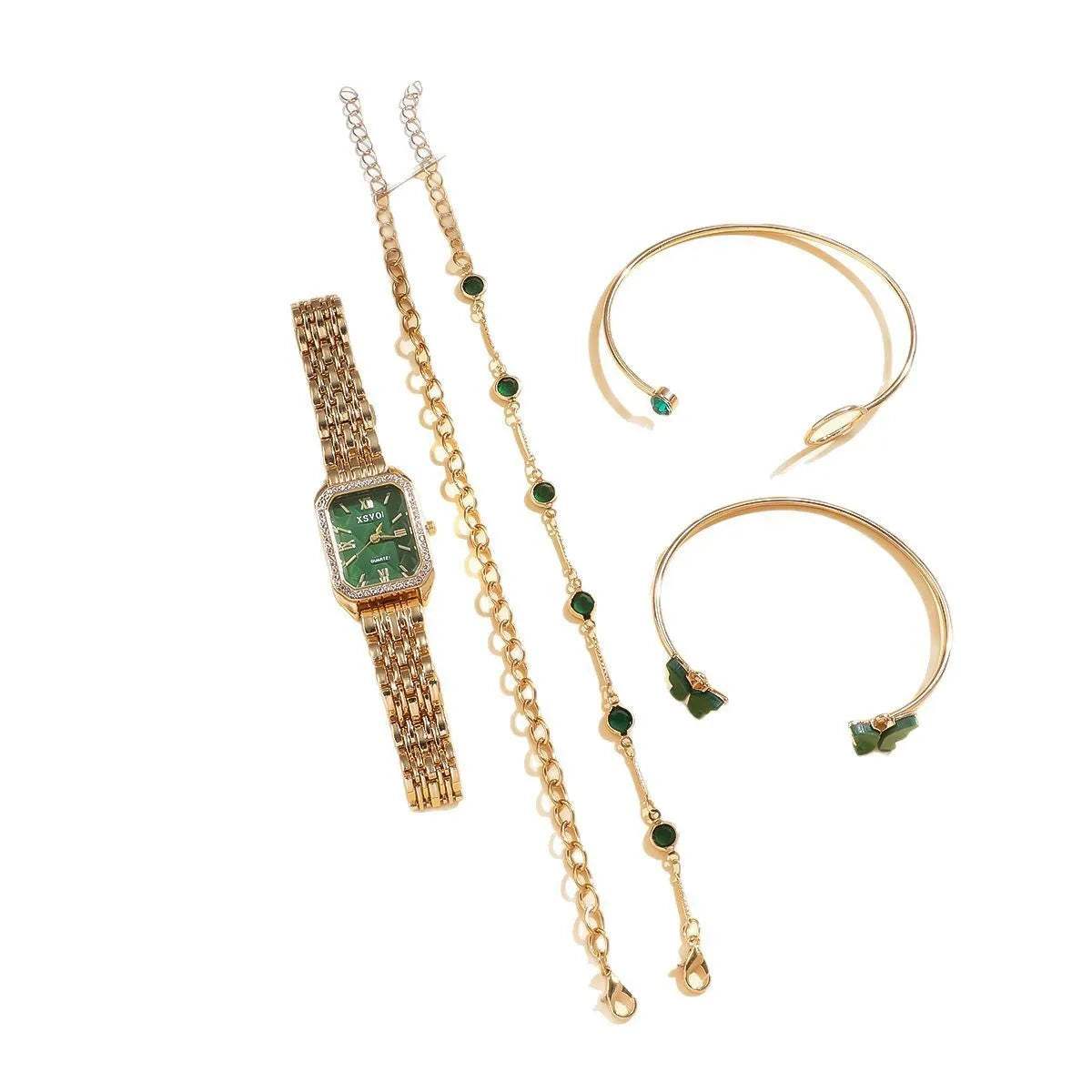 Gold green square women's watch with four matching bracelets, alloy case and jewellery buckle