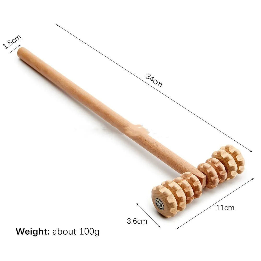 Beech wood massage roller set showing T-shaped design, multiple wheel configurations and back massager