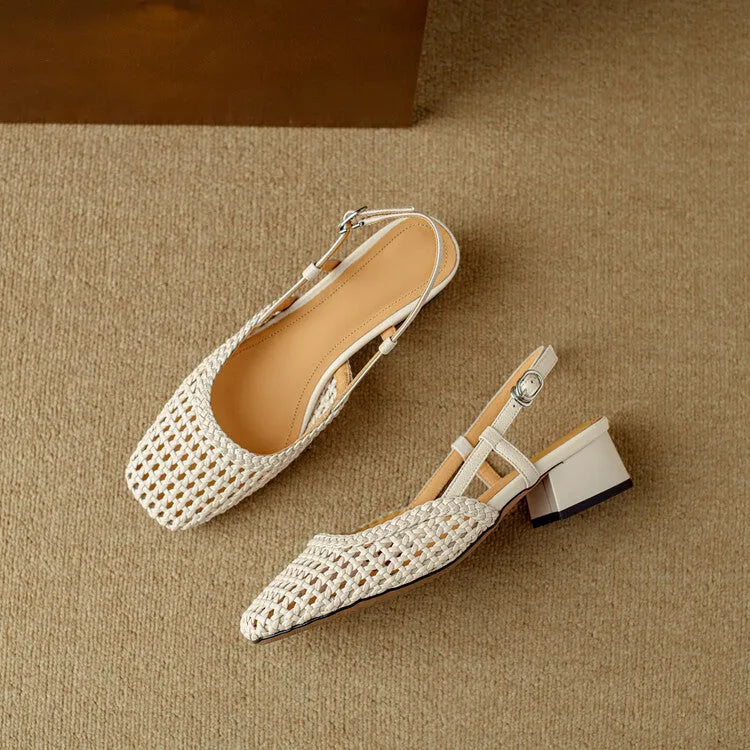 Women's woven hollow-out closed toe sandals with chunky heel and buckle fastening