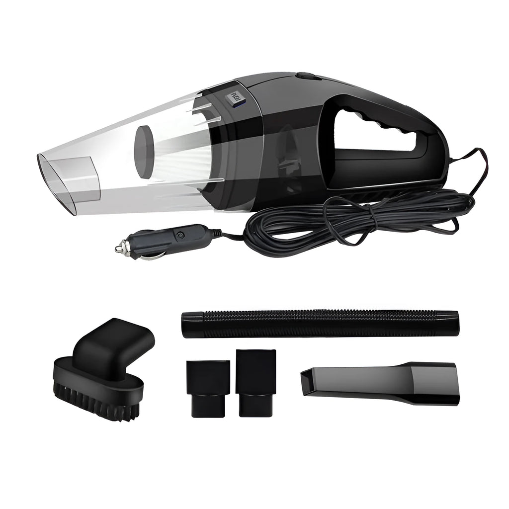 Orange, black, and blue portable handheld 12V car vacuum cleaner with nozzle attachments.