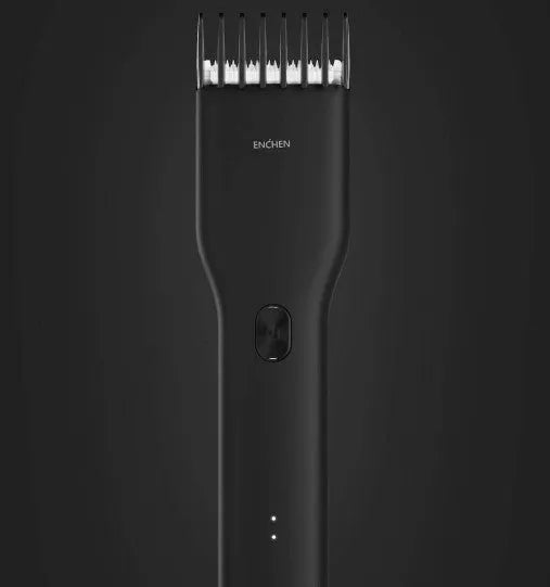 Black cordless hair clipper with ceramic blades and adjustable length comb