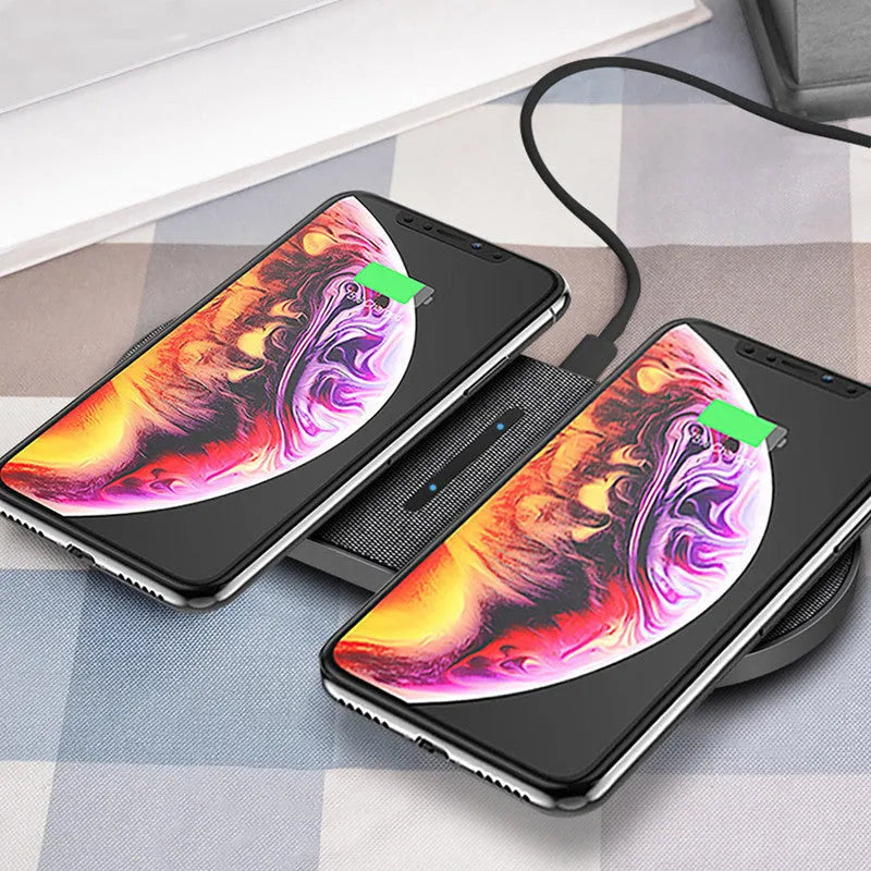 Black 10W wireless charging pad pair with Type-C and USB inputs for dual phone charging
