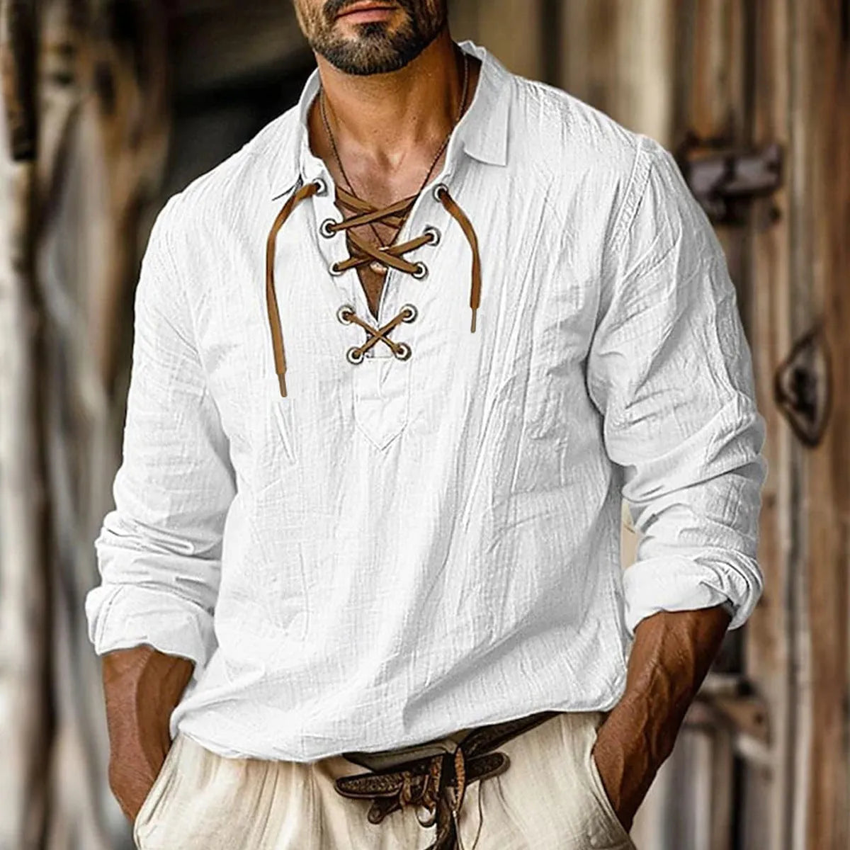 Men's plus size solid colour linen blend shirt with lapels and long sleeves in a loose fit.