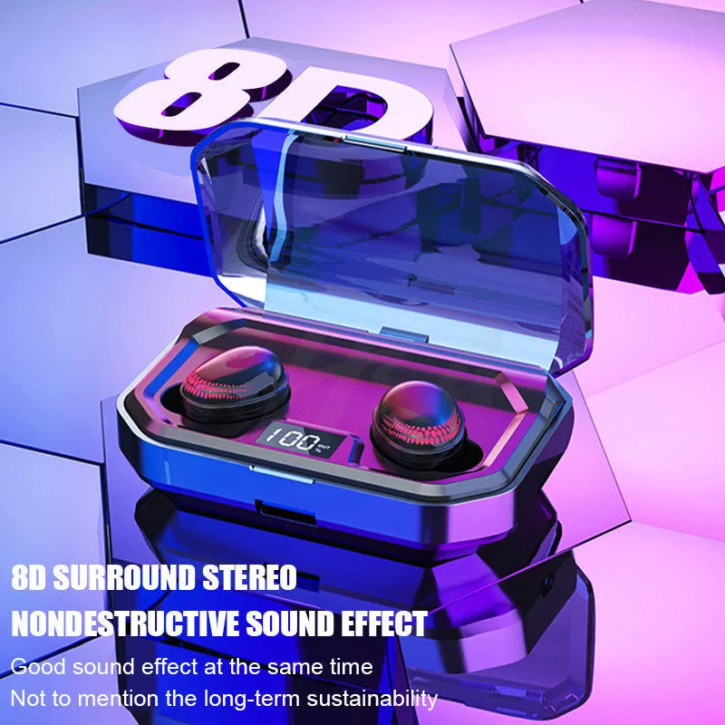 Black Bluetooth wireless headset with charging case showing compact design