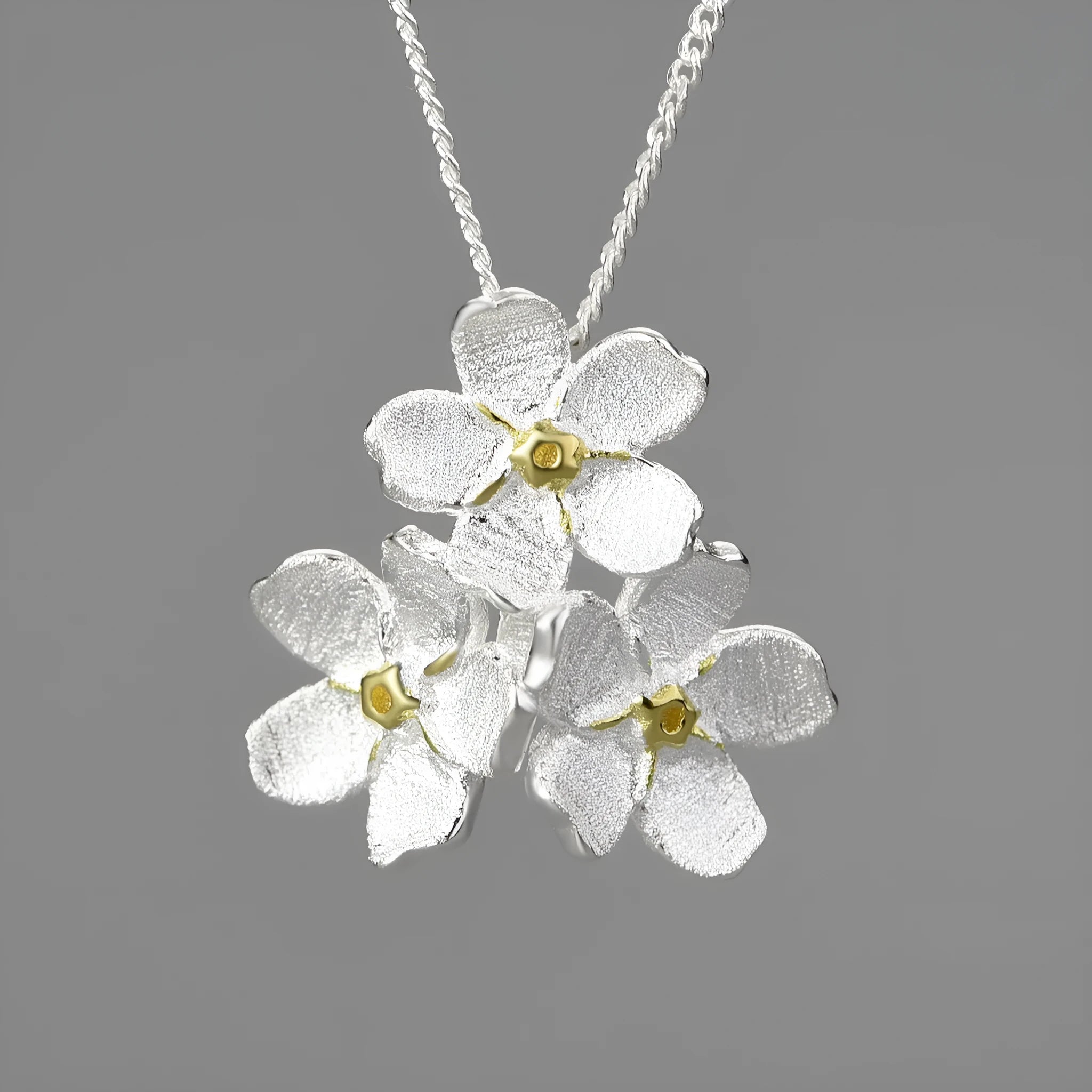 Sterling silver Myosotis sylvatica floral pendant in pastoral open mouth design without chain