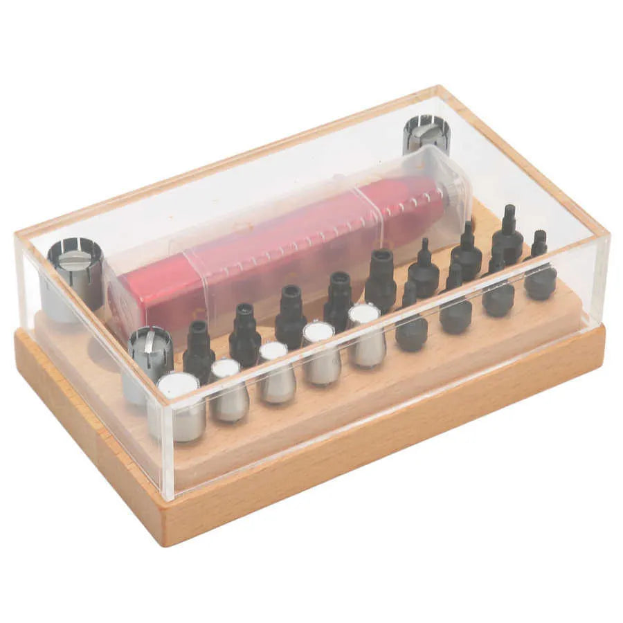 Steel watch repair barrel-opening tool kit with 20 pieces in a black organiser case.