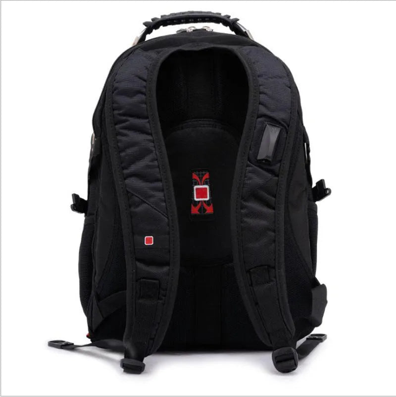 Black 38 litre business laptop backpack open to show three internal compartments for a computer, stationery, and storage.