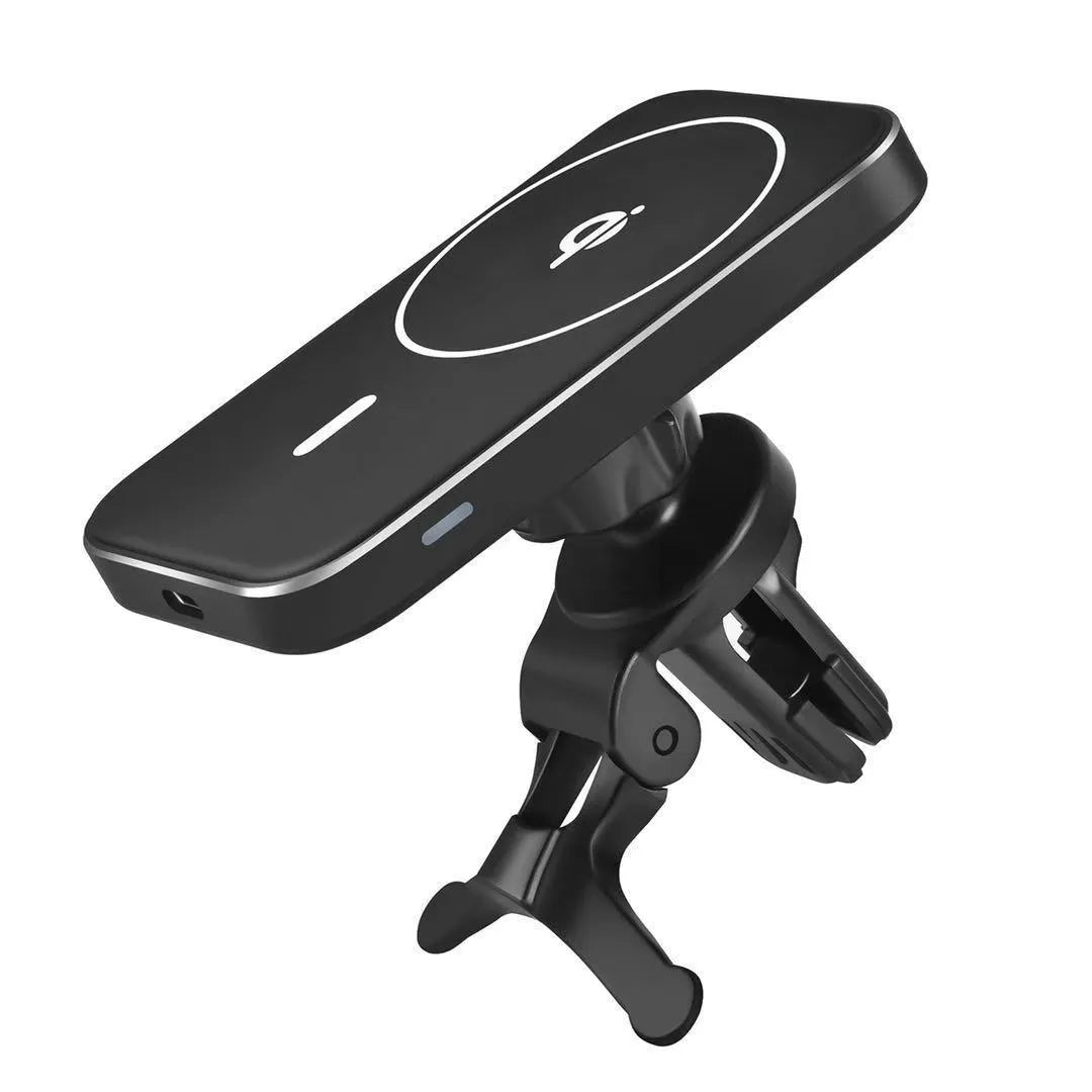 Black M6 magnetic wireless car phone charger mounted on a car air vent.
