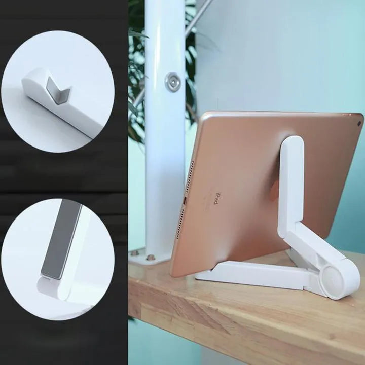 Black foldable tablet holder open in landscape mode holding a smartphone, showing side adjustment buttons.