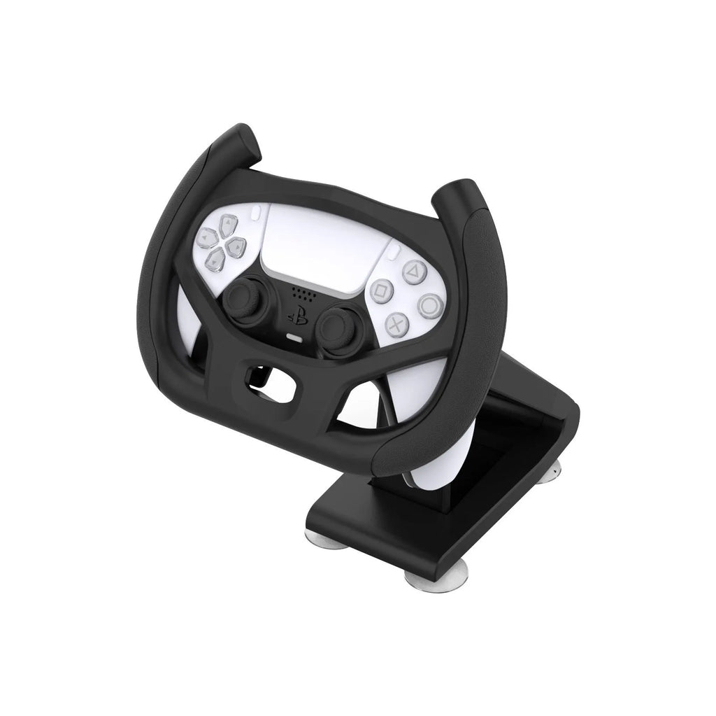 Black ABS plastic gamepad steering wheel bracket with suction cup, holding a smartphone for mobile racing games.