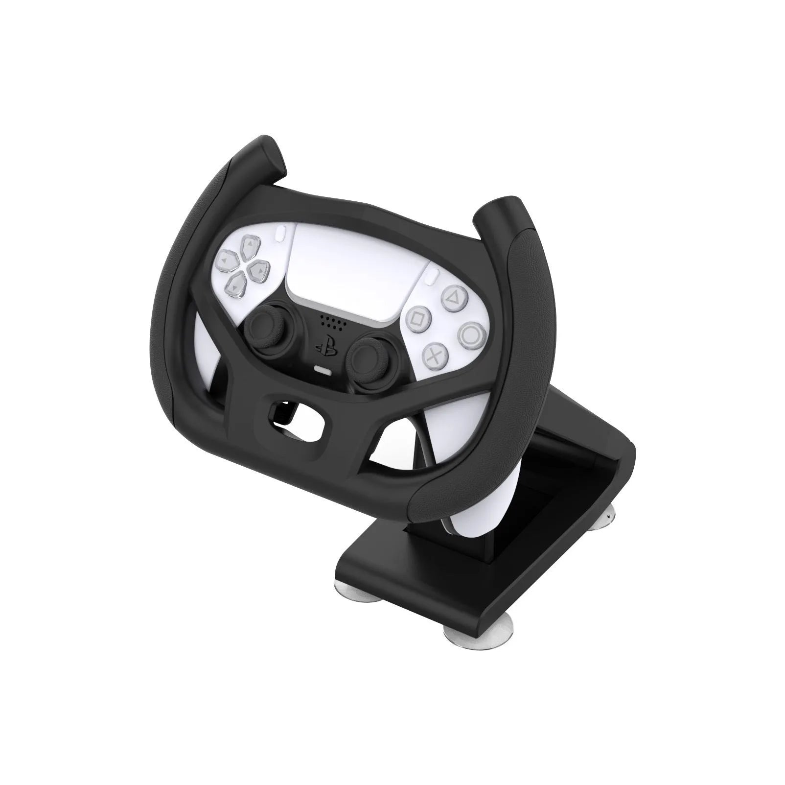 Black ABS plastic gamepad steering wheel bracket with suction cup, holding a smartphone for mobile racing games.