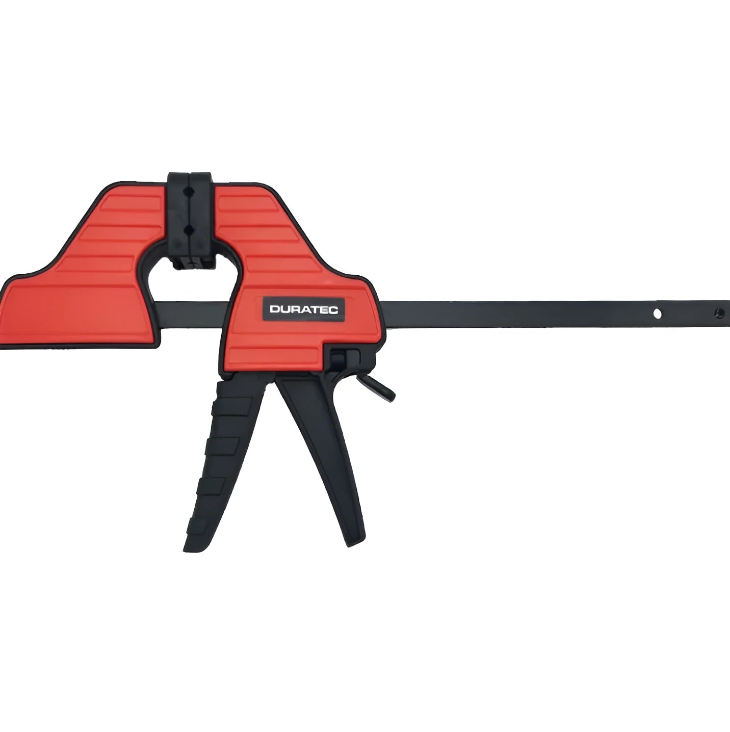 Black plastic woodworking clamp with quick-adjust key and soft rubber protective jaws.